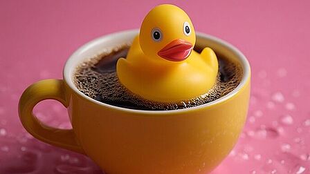 Een geel badeendje die drijft in een geel koffiekopje gevuld met koffie