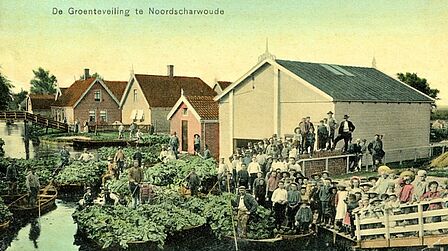 Een grote groep mensen poseren tijdens de Groenteveiling in Noordscharwoude. Aan wal en op het water, in boten met groenten.  