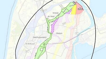 Kaart met daarop het groene tracé en een klein stukje paars