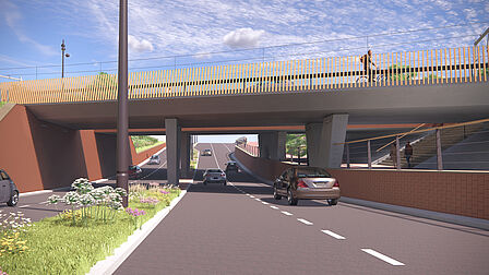 Spooronderdoorgang met rijdende auto's die onder de doorgang doorrijden