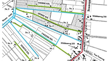 Kaart van de Kilpolder uit 1930. We zien de 4 Kilpaden en de Westertochtsloot.
