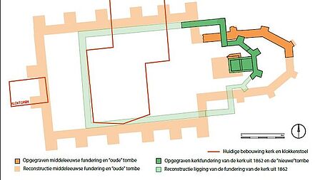 Ingetekende plattegrond van de totale opgraving. 